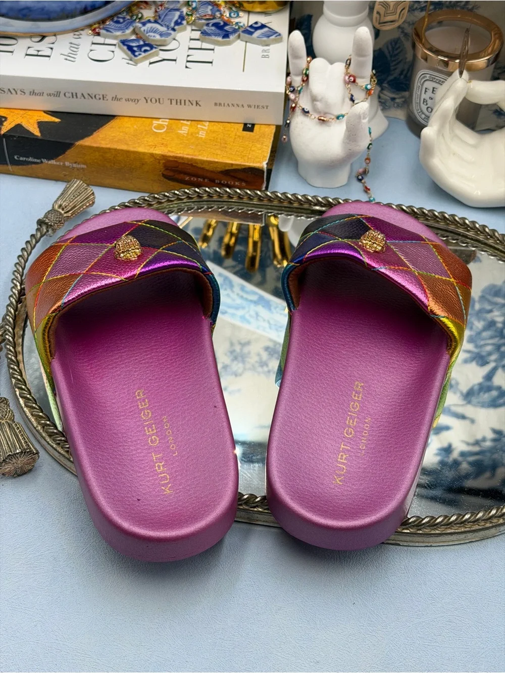 🆕 KURT GEIGER LONDON 🧿 NWOT Meena Eagle Metallic Diamond Slide, Sz 36.5 US 6.5